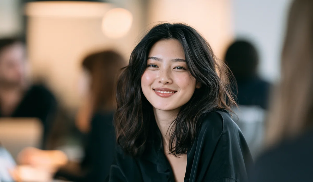 Smiling team member in a black shirt in a busy office