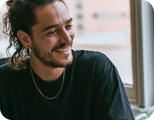 Smiling client in a black t-shirt